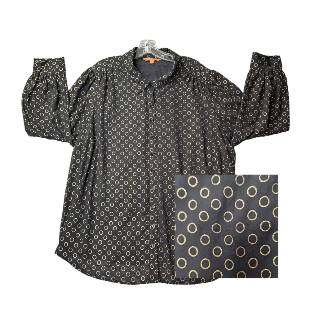 Modcloth 3X Plus Size Black Gold Semi-sheer Long-sleeve Button-down Shirt